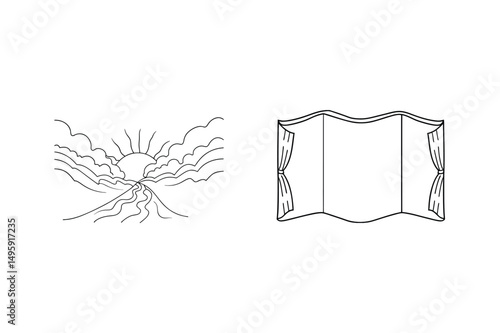 Hand drawn black and white artwork with a sunset landscape and theatrical curtains illustration