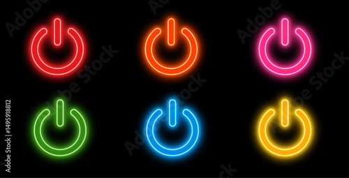 Set of colorful neon power switch icons isolated on black background, reset, technology icon