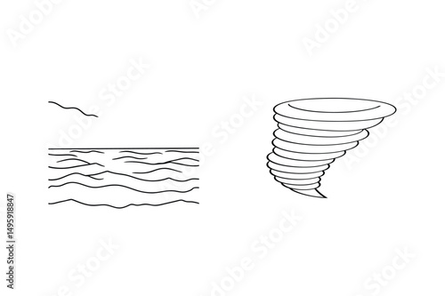 Minimalist vector illustration of a tornado raging over rough ocean waters with outline style.