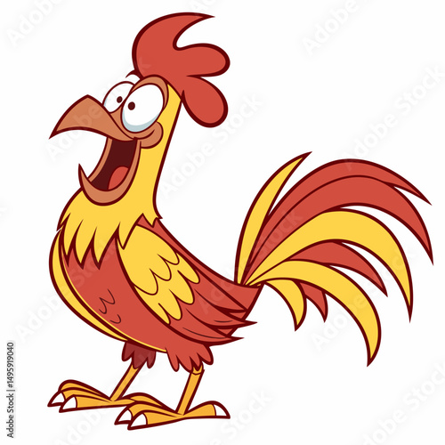 Сartoon happy rooster.Comic cockerel.Isolated vector illustration on white background. Side view.