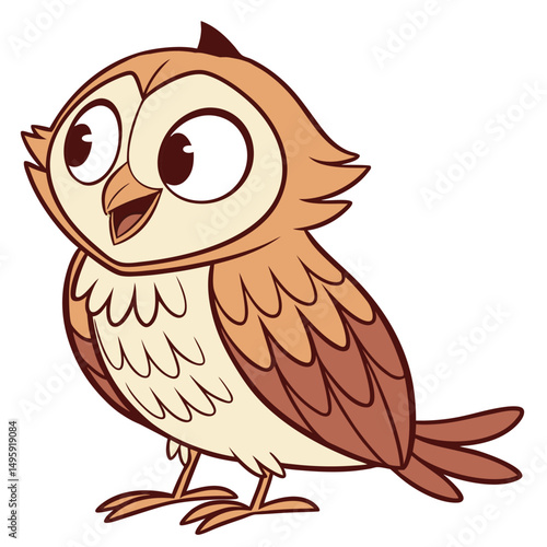 Сute cartoon Owl . Wise night bird.. Vector illustration isolated on white background. Side view.