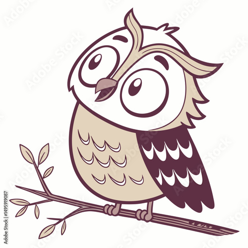 Сute cartoon Owl sits on a branch. Wise night bird. Vector illustration isolated on white background. Side view.