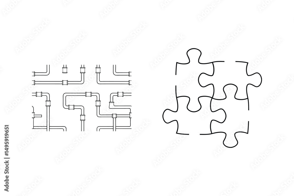 Conceptual illustration of plumbing system and interlocking puzzle pieces on white background Conceptual illustration of plumbing system and interlocking puzzle pieces on white background