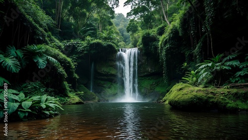A serene hidden waterfall nestled in lush rainforest