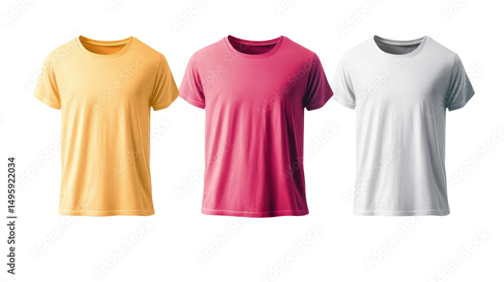 Three T-Shirt Mockup Yellow, Pink, White, Isolated on Transparent Background, apparel, template, clothing, tshirt, mockup, design Three T-Shirt Mockup Yellow, Pink, White, Isolated on Transparent Background, apparel, template, clothing, tshirt, mockup, design