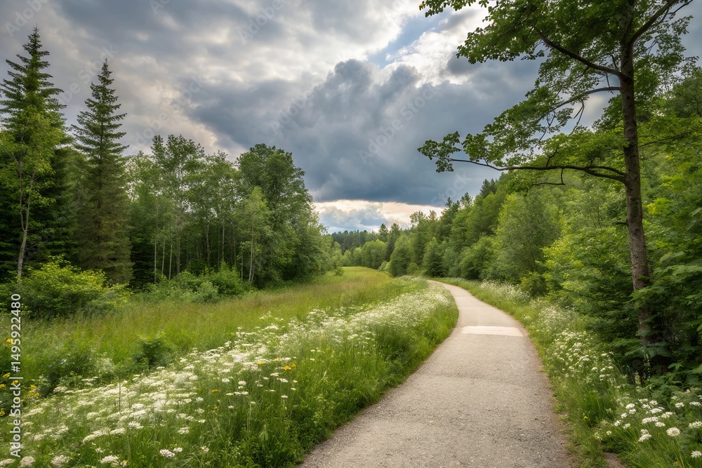 Fototapeta premium Serene Pathway Through Lush Green Forest A Stunning Nature Background