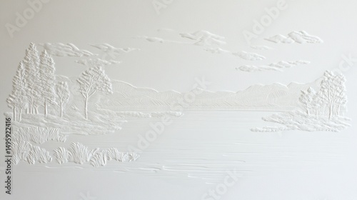 Engraved landscape scene of a serene lake and hills.