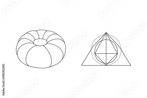 Geometric vector illustrations of a torus shape and a complex triangle construction in minimalist style