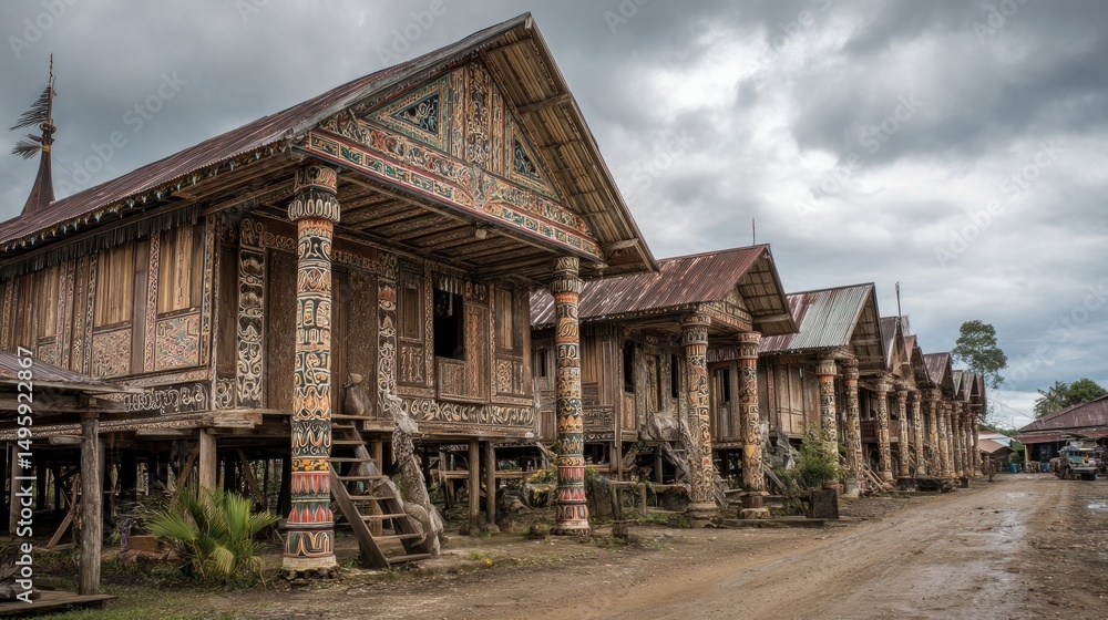Traditional wooden houses in a row, decorated with intricate tribal patterns Traditional wooden houses in a row, decorated with intricate tribal patterns