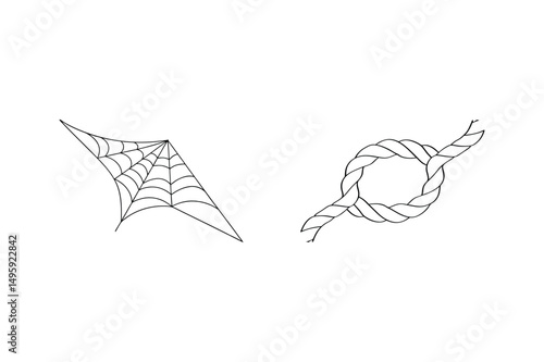 Minimalist black and white hand drawn illustrations of a spiderweb and a rope knot