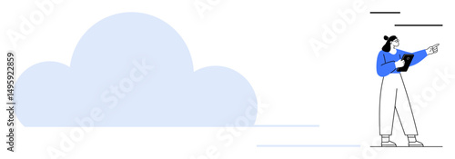 Person holding tablet, pointing forward near large blue cloud. Ideal for creativity, innovation, teamwork, communication, strategy, digital tools, simple landing page