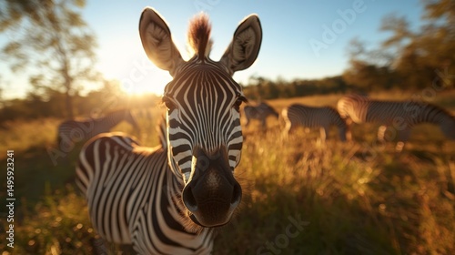 A group of zebras grazes in a savanna during sunset, their striking stripes contrasting with the warm golden grass and vibrant blue sky above