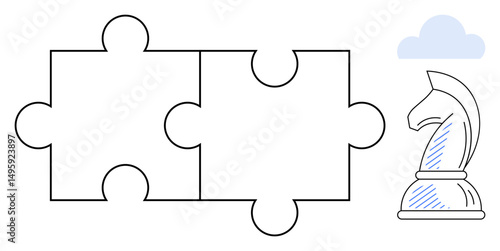 Chess knight next to two puzzle pieces and a small cloud. Ideal for teamwork, strategy, logic, innovation, planning, creativity, problem-solving. Flat simple metaphor