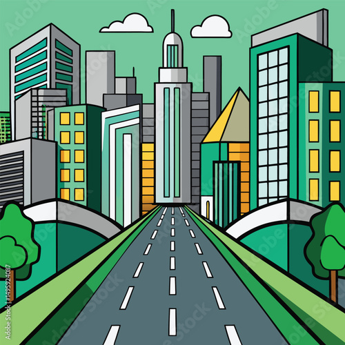 A colorful, stylized illustration of a modern city.