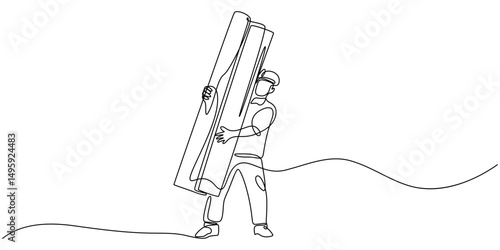 Carpenter carrying stack of wooden boards in continuous one line drawing. construction worker single line art illustration. Editable vector, Single one line drawing male carpenter in uniform carrying