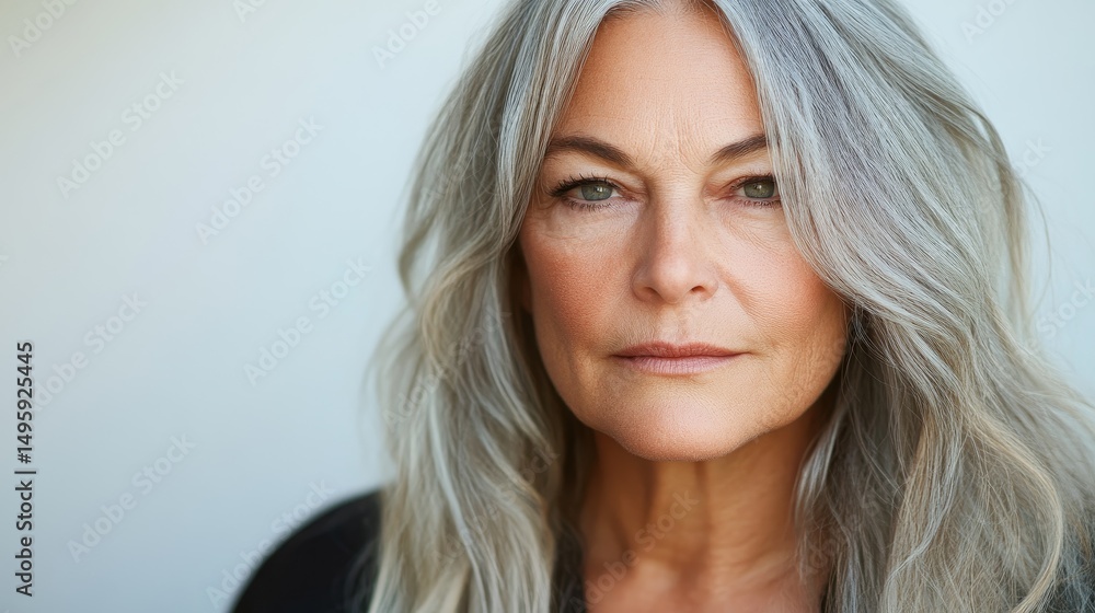 Naklejka premium A mature woman with long silver hair captivates with her expression and features, illuminated softly by natural light in a minimalist setting