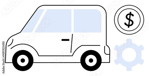 Compact car beside a dollar icon and gear highlights automotive cost, services, and repair themes. Ideal for budget planning, car maintenance, mechanics, transportation cost analysis, rental