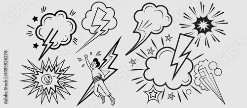 Comic boom cartoon effect line element set. Comic speech bubble pow, boom text, explosive splash smoke, wow cartoon vector icon. Hand drawn sketch doodle explosive element. Vector illustration. EPS.