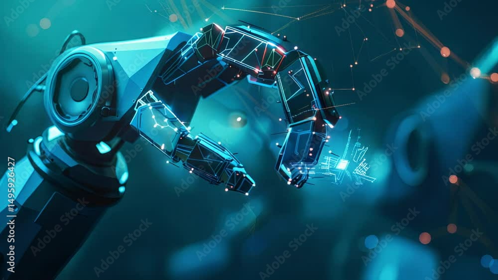 A stunning cybernetic hand, lit by colorful neon, stands out in a vibrant industrial cityscape full of energy A stunning cybernetic hand, lit by colorful neon, stands out in a vibrant industrial cityscape full of energy