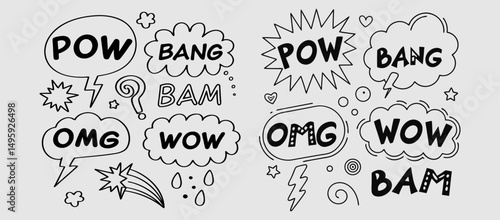 Comic boom cartoon effect line element set. Comic speech bubble pow, boom text, explosive splash smoke, wow cartoon vector icon. Hand drawn sketch doodle explosive element. Vector illustration. EPS.