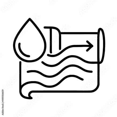 Line icon of water flow and pipe with drop, representing hydrodynamic process and fluid movement system