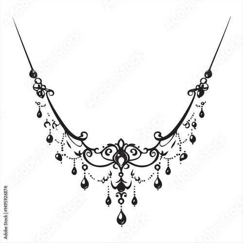 Neckline design. Black and white floral lace pattern embroidery textile leaves dots doodle ornament