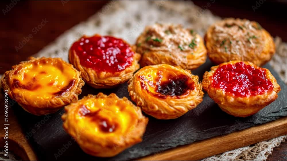 Sweet pastry arrangement on a rustic wooden board Sweet pastry arrangement on a rustic wooden board