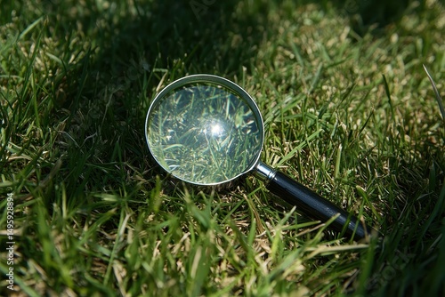 Curious Child Exploring Nature: Little One with Magnifying Glass Scouring the Green Grass in a Summer Park