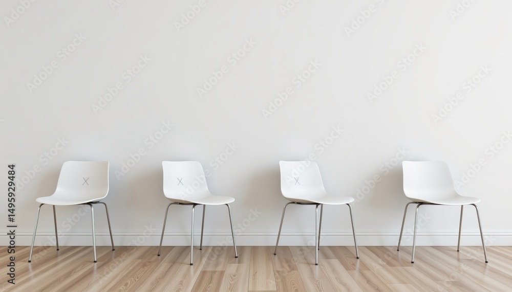 Obraz premium Minimalist Design of Four White Chairs Against a Clean Wall with Light Wooden Flooring in Modern Interior Space