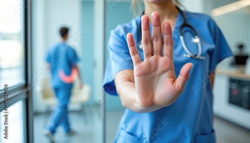 Healthcare Professional Stopping Gesture with Hand Raised in Modern Medical Office Environment
