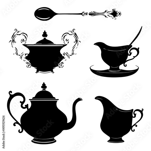 Silhouettes of vintage tea and coffee sets including teapots, creamers, sugar bowls, cups, saucers, and spoons arranged on a white background in a classic, symmetrical layout.