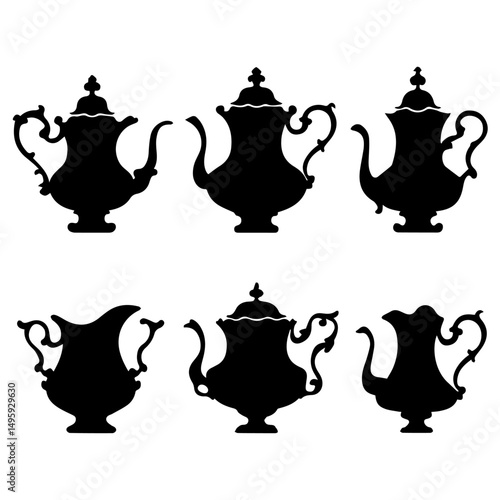 Silhouettes of vintage tea and coffee sets including teapots, creamers, sugar bowls, cups, saucers, and spoons arranged on a white background in a classic, symmetrical layout.