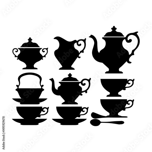 Silhouettes of vintage tea and coffee sets including teapots, creamers, sugar bowls, cups, saucers, and spoons arranged on a white background in a classic, symmetrical layout.