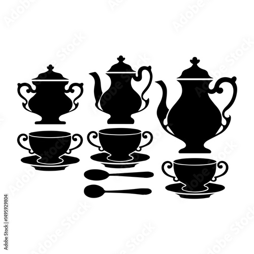 Silhouettes of vintage tea and coffee sets including teapots, creamers, sugar bowls, cups, saucers, and spoons arranged on a white background in a classic, symmetrical layout.