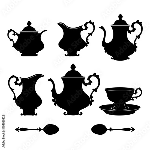 Silhouettes of vintage tea and coffee sets including teapots, creamers, sugar bowls, cups, saucers, and spoons arranged on a white background in a classic, symmetrical layout.