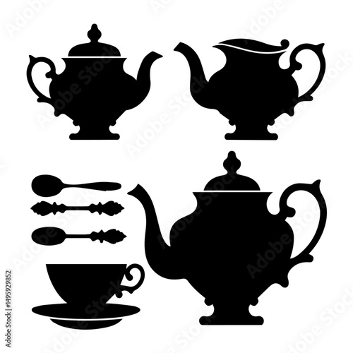 Silhouettes of vintage tea and coffee sets including teapots, creamers, sugar bowls, cups, saucers, and spoons arranged on a white background in a classic, symmetrical layout.