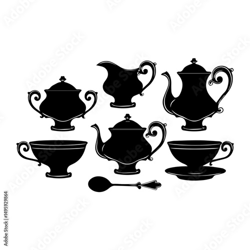 Silhouettes of vintage tea and coffee sets including teapots, creamers, sugar bowls, cups, saucers, and spoons arranged on a white background in a classic, symmetrical layout.