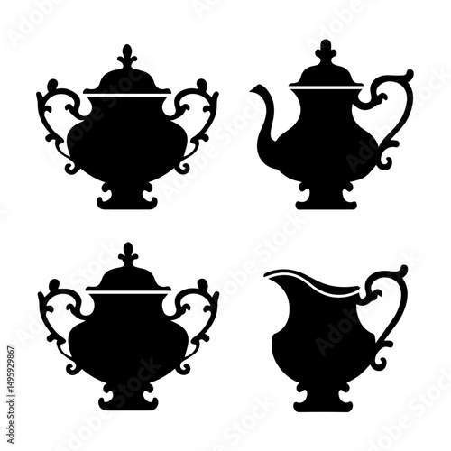 Silhouettes of vintage tea and coffee sets including teapots, creamers, sugar bowls, cups, saucers, and spoons arranged on a white background in a classic, symmetrical layout.