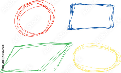 Set multicolored curve hand drawn scribble elements doodle line Abstract borders Curved frames Scribbles Curved geometric shapes Hand drawn Isolated White background Manifestation subconscious
