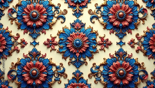 Symmetrical damask pattern, ornate paisley elements, background, art, green