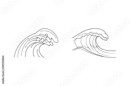 Minimalist black and white line art drawings of two rolling ocean waves