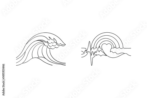 Minimalist line art illustration of a wave and an ekg heartbeat with rainbow imagery