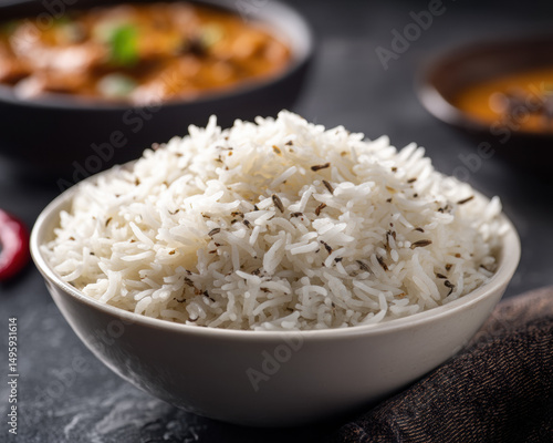 Full sharp focus on long grain basmati jeera rice topped with cumin seeds in a white bowl on dark stone