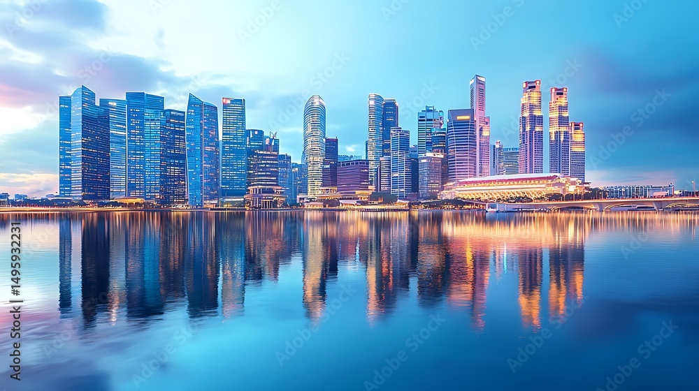 Fototapeta premium Singapore’s iconic city skyline at night reflecting on Marina Bay with picture