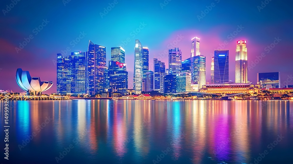 Fototapeta premium Stunning skyline of Singapore Marina Bay featuring vibrant city lights with image