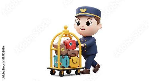 Adorable 3D Render of a Bellhop with Luggage Cart