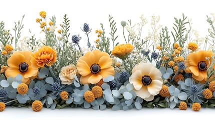 Floral arrangement of vibrant orange anemones with eucalyptus and wildflowers border high resolution photo