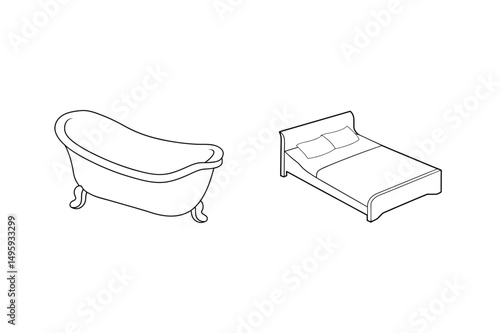Outline illustration of a classic bathtub and a modern double bed isolated on white background