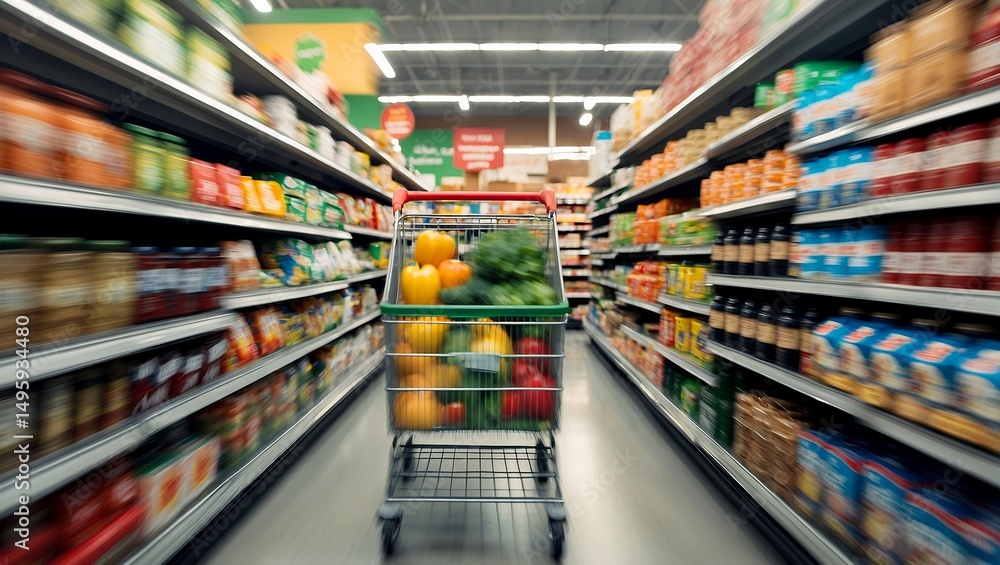Dynamic motion blur of shopping cart in grocery store Dynamic motion blur of shopping cart in grocery store