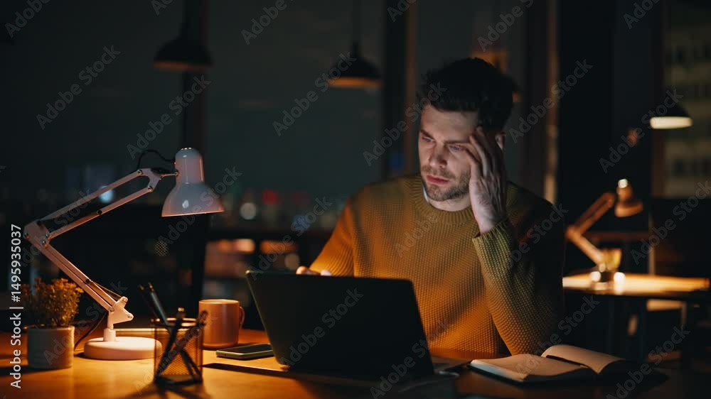 Late worker frustrated mistake online project at night workspace closeup. Late worker frustrated mistake online project at night workspace closeup.